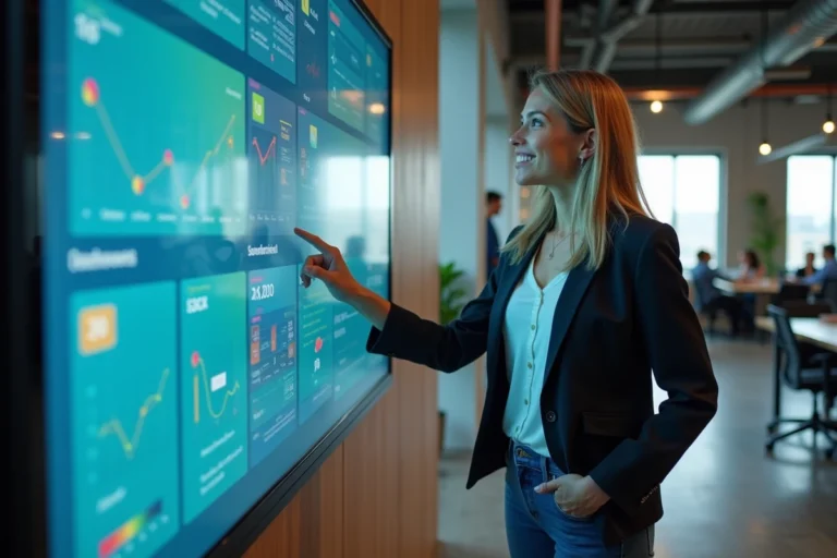 Femme d'affaires interagissant avec un tableau de bord de gamification numérique sur un écran mural tactile dans un bureau moderne