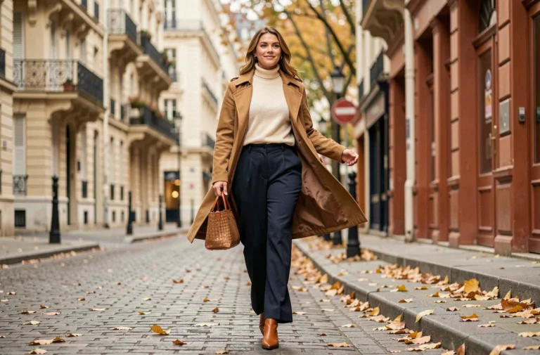Femme élégante en trench-coat camel et pantalon large marine marchant dans une rue pavée parisienne en automne, tendances mode de la saison