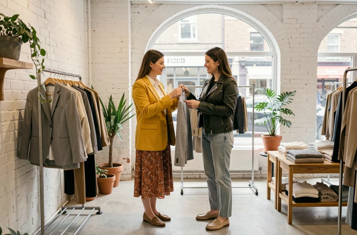 Deux femmes stylées découvrant les nouvelles tendances mode dans un concept store aéré, blazer jaune et veste en cuir vert, look tendance de saison