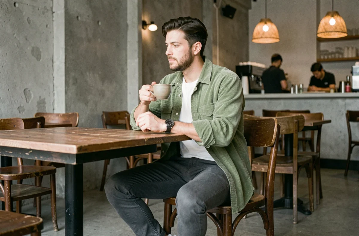 Homme tendance en overshirt en velours côtelé vert sauge assis dans un café moderne, style mode masculine saison automne-hiver