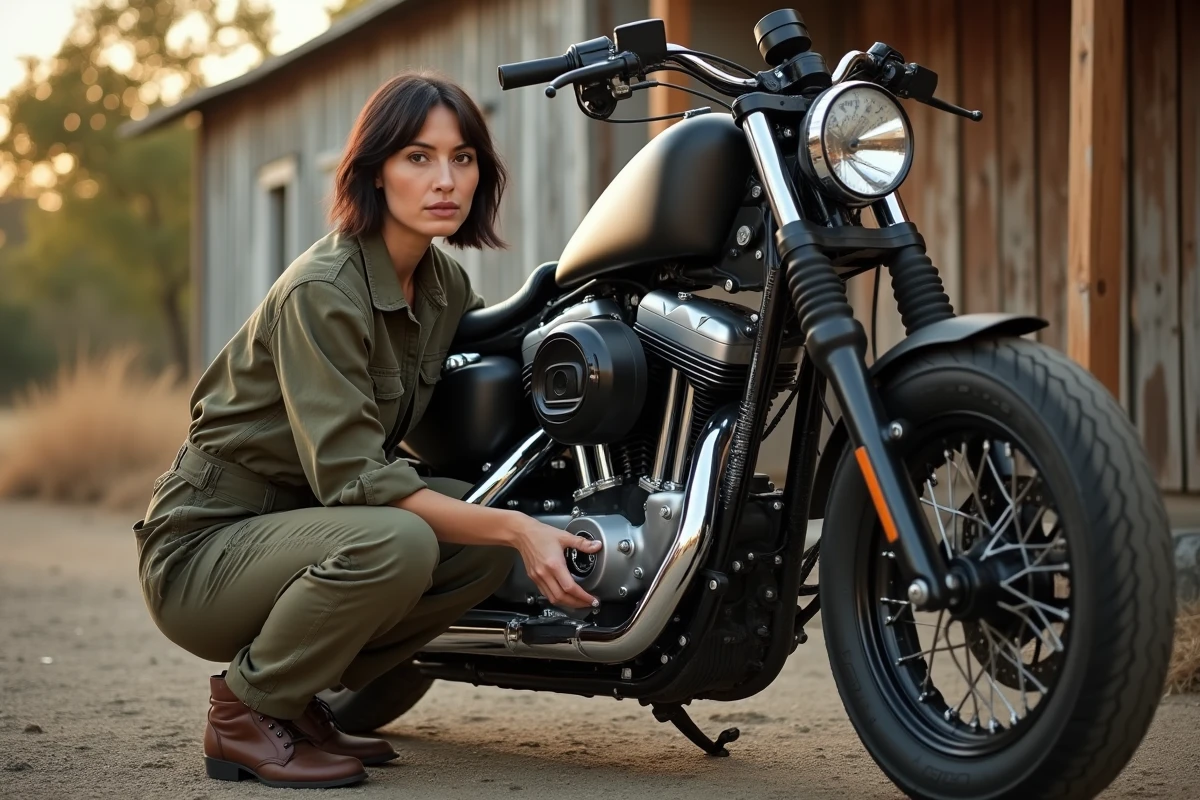 Mécanicienne effectuant un test de compression sur un moteur Harley Davidson Sportster vintage