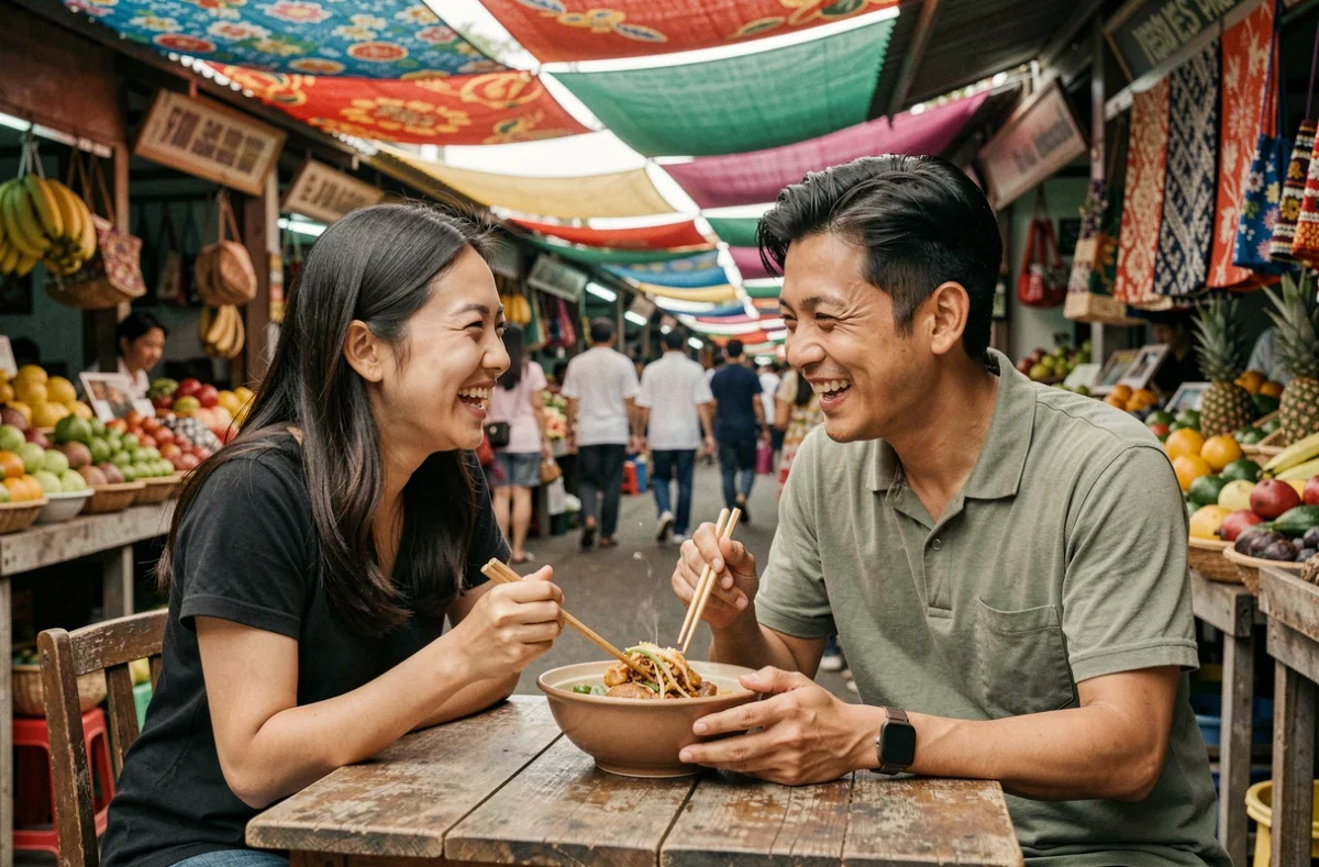 Deux voyageurs dégustant de la street food dans un marché local animé en Asie du Sud-Est
