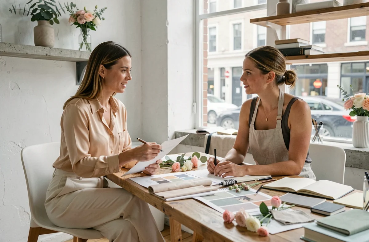 Wedding planner et fleuriste collaborant autour d'un moodboard dans un studio de planification de mariage minimaliste